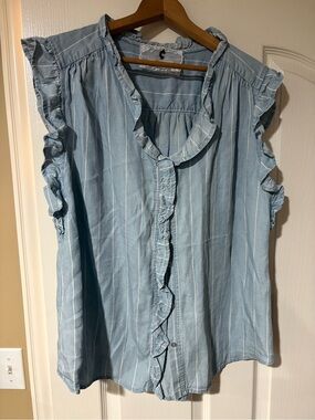 Cupio- Light Blue Striped Ruffle Sleeve Blouse
